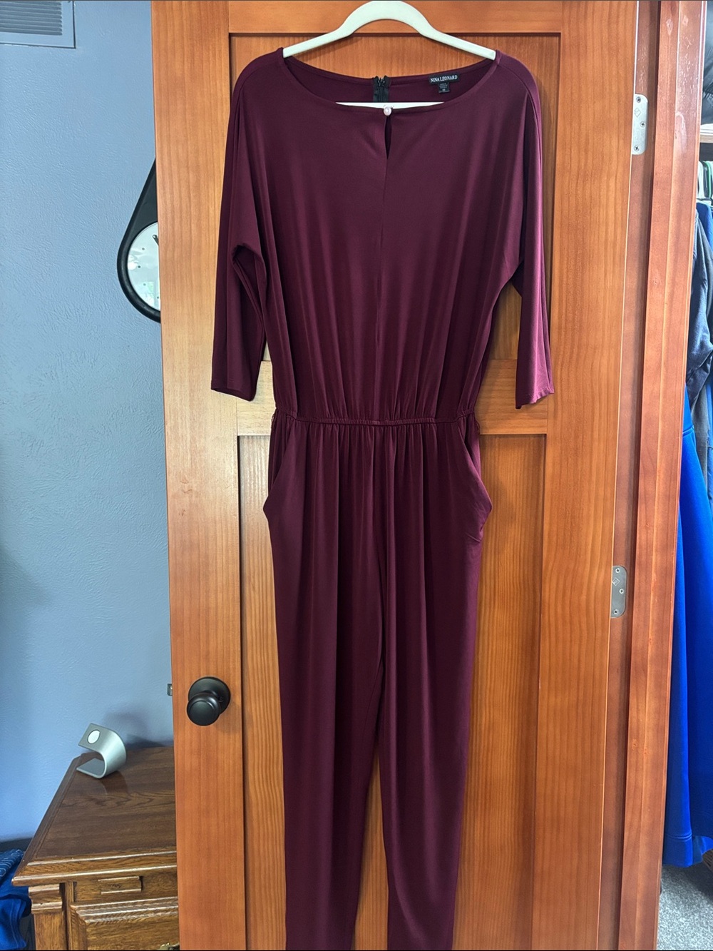 Nina Leonard Burgundy Long-Sleeve Jumpsuit with Elastic Waist
